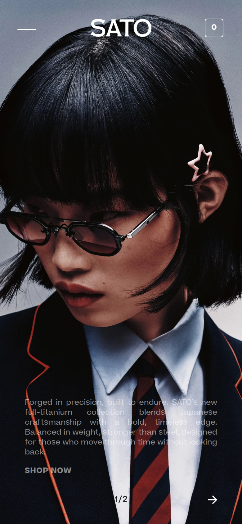 Hero section from SATO Eyewear, on a phone