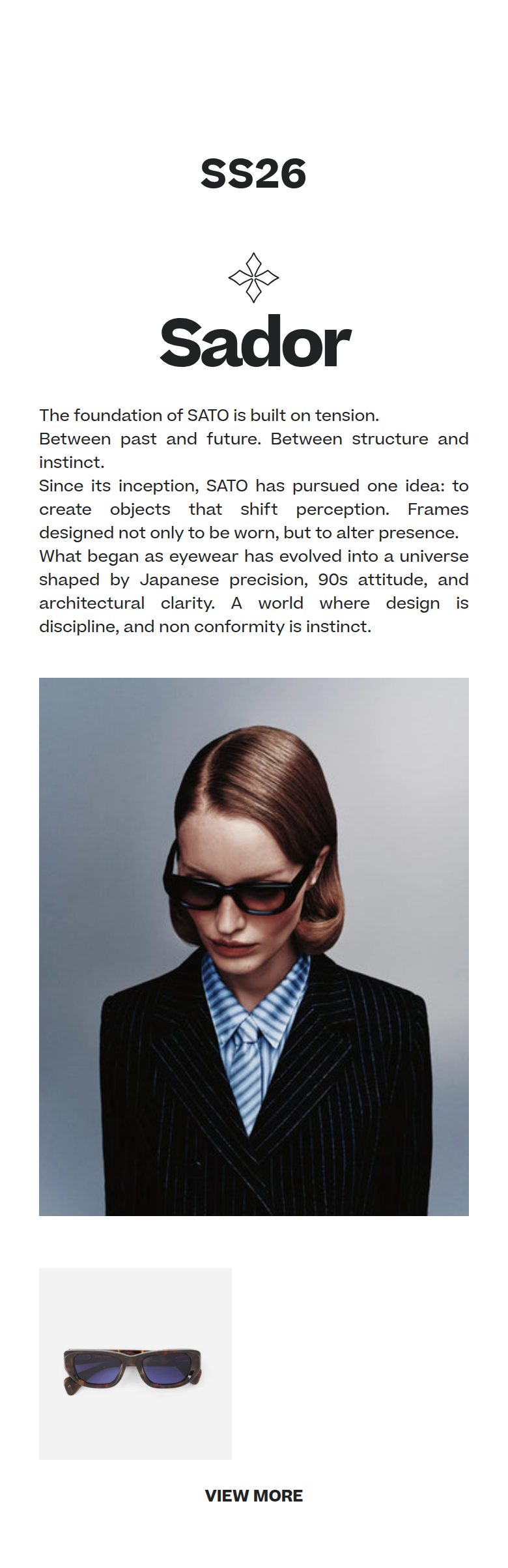 SS26 Collection section from SATO Eyewear, on a phone