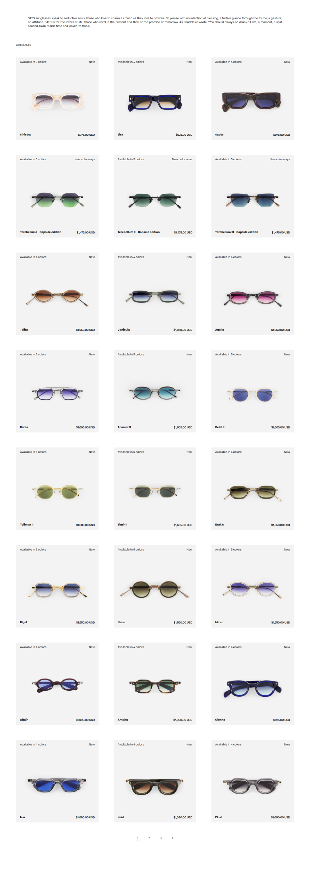 Shop All section from SATO Eyewear