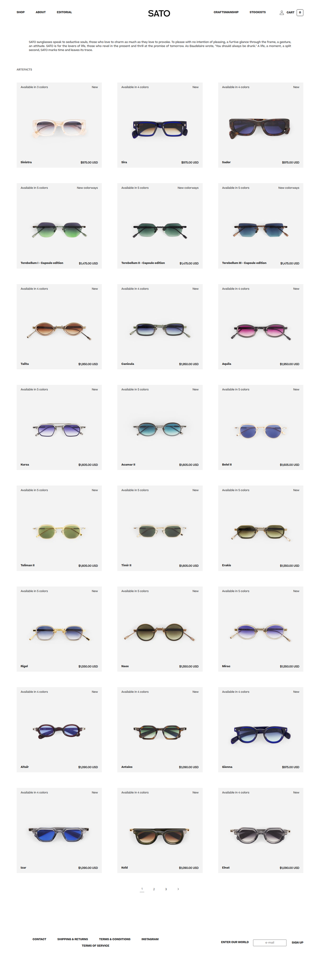 Shop All page of SATO Eyewear