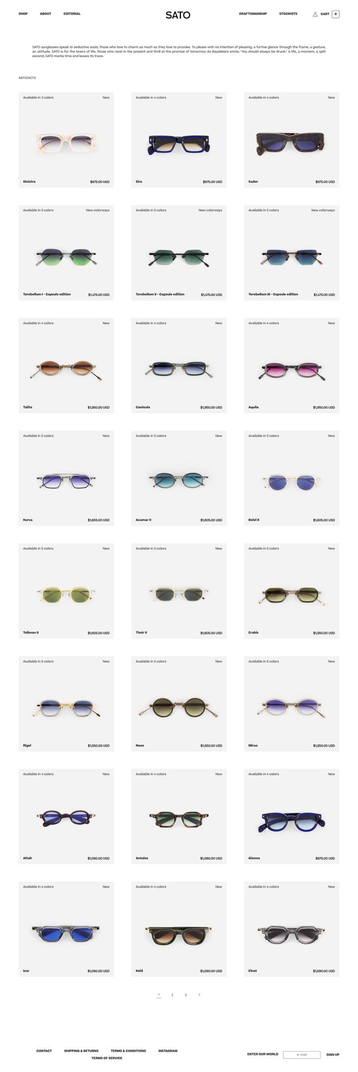 Shop All page from SATO Eyewear