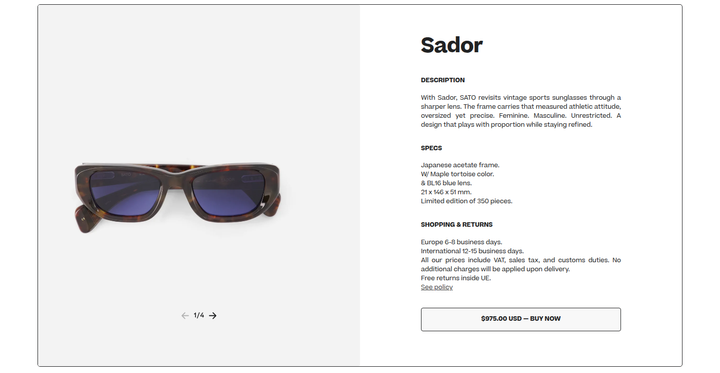 Product Details section from SATO Eyewear
