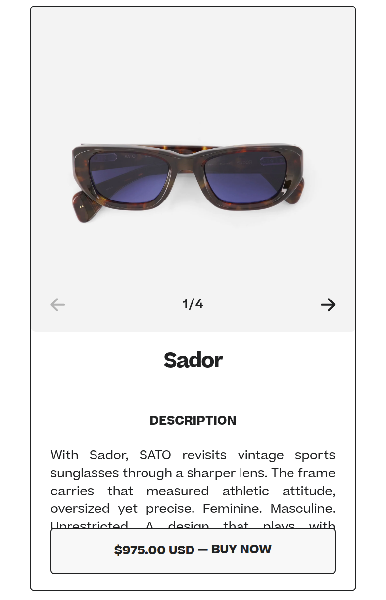 Product Details section from SATO Eyewear, on a phone