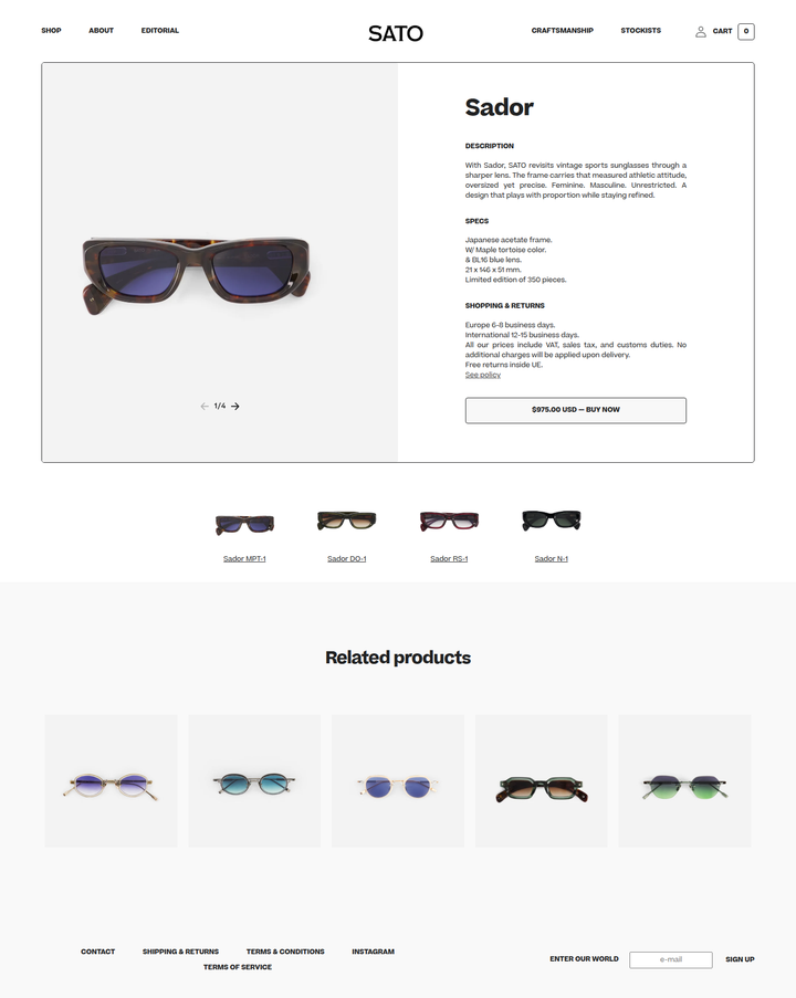Sador page from SATO Eyewear