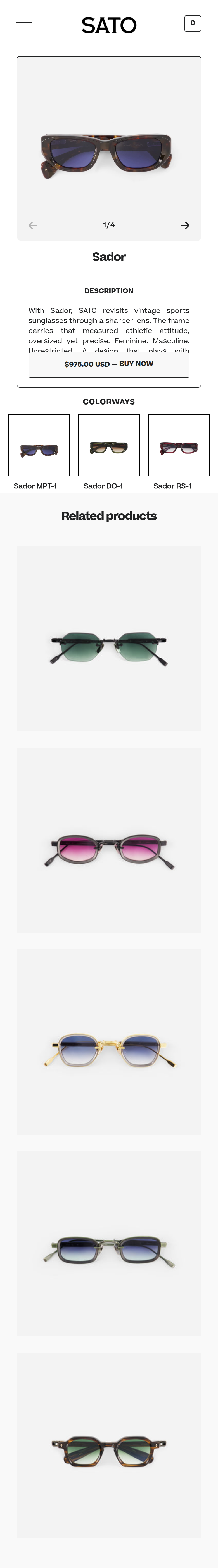 Sador page of SATO Eyewear, on a phone