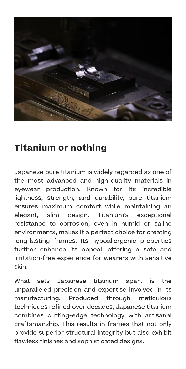 Titanium or Nothing section from SATO Eyewear, on a phone