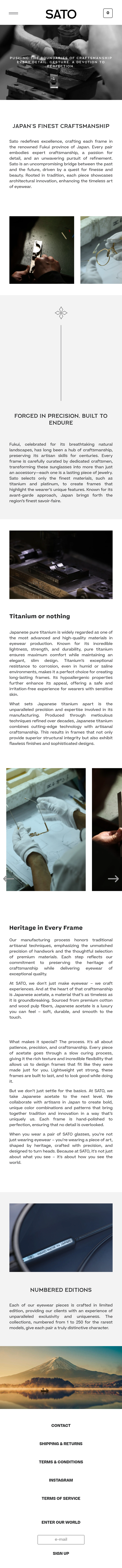 Craftsmanship page of SATO Eyewear, on a phone