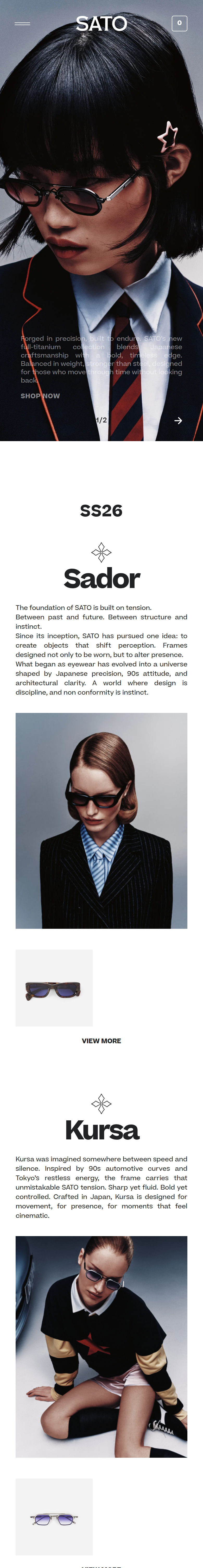 Home page of the SATO Eyewear website, on a phone