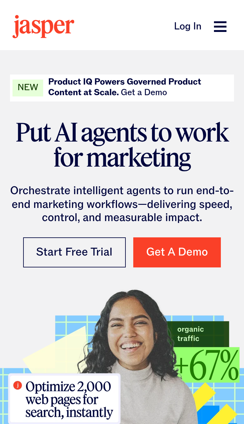 Put AI Agents to Work for Marketing section from Jasper, on a phone