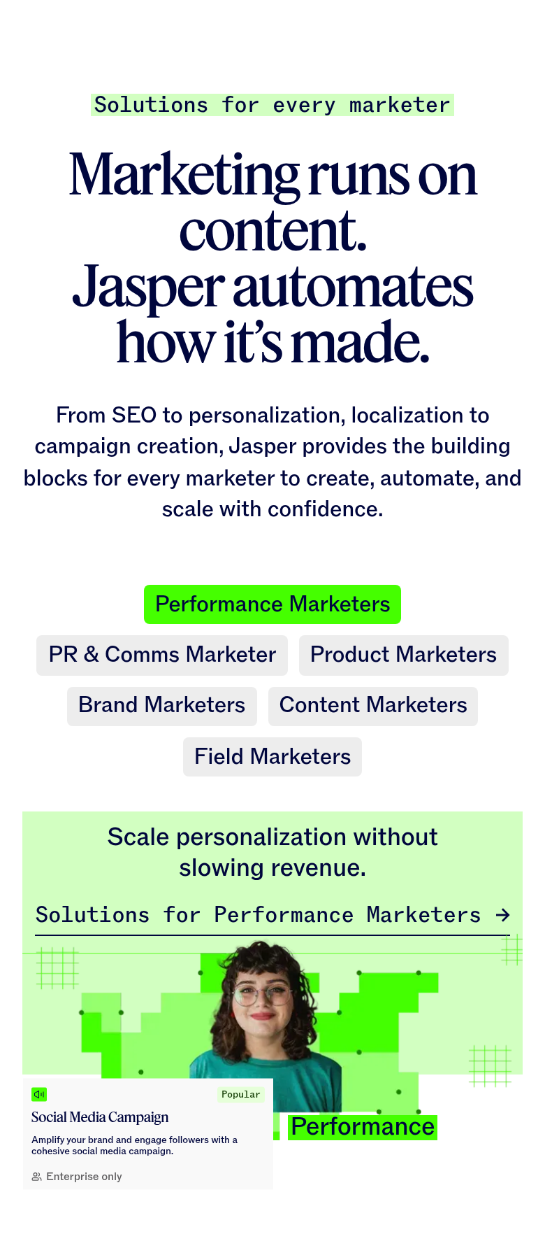 Solutions for Every Marketer section from Jasper, on a phone