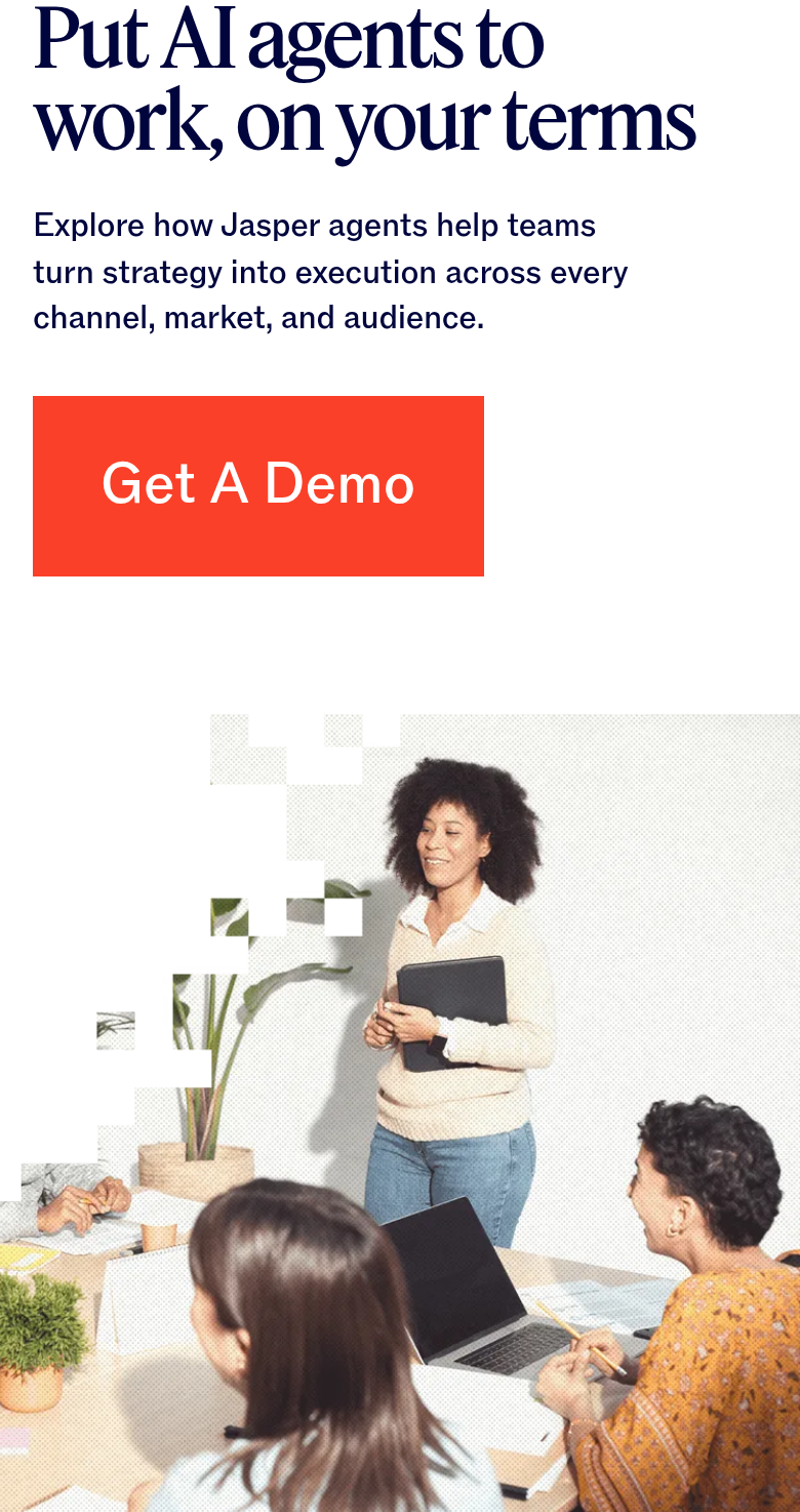 Put AI Agents to Work, on Your Terms section from Jasper, on a phone