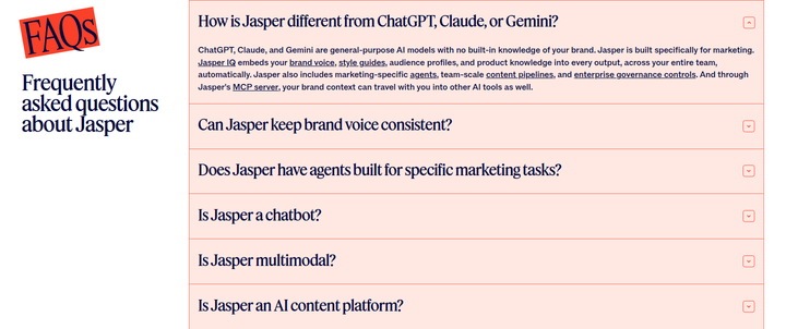 Frequently Asked Questions section from Jasper