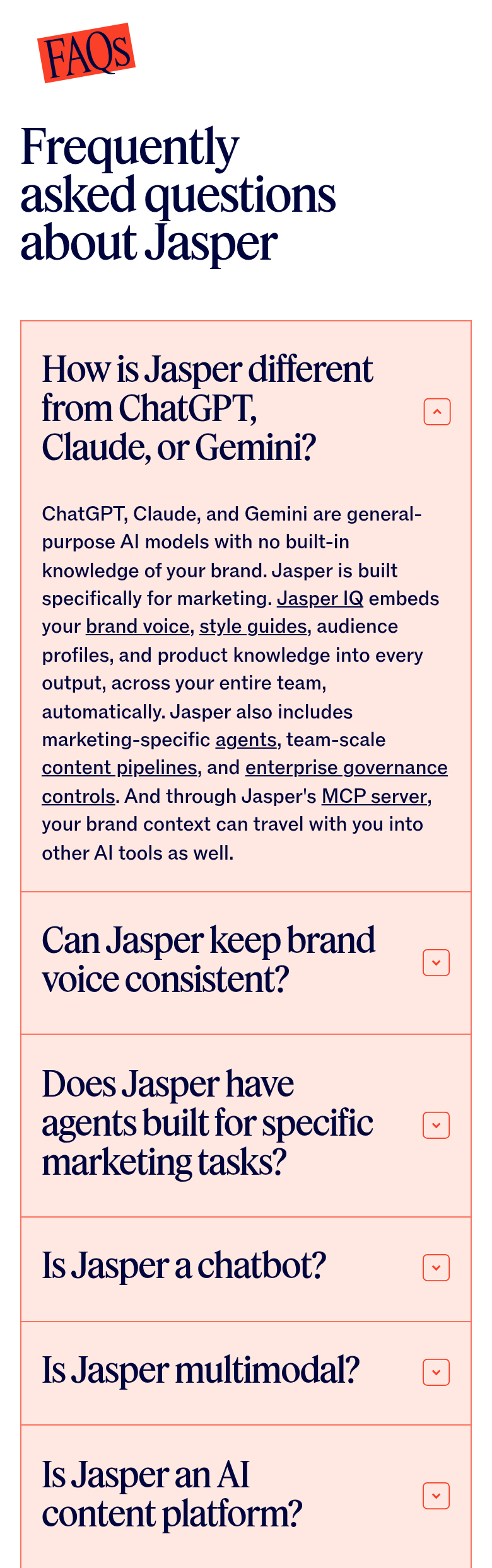 Frequently Asked Questions section from Jasper, on a phone