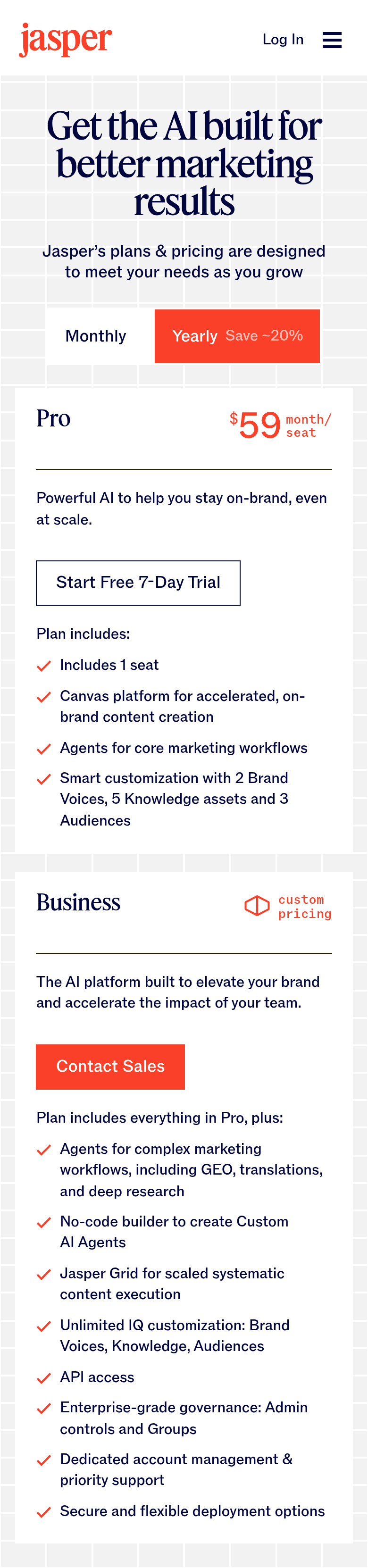 Plans and Pricing section from Jasper, on a phone