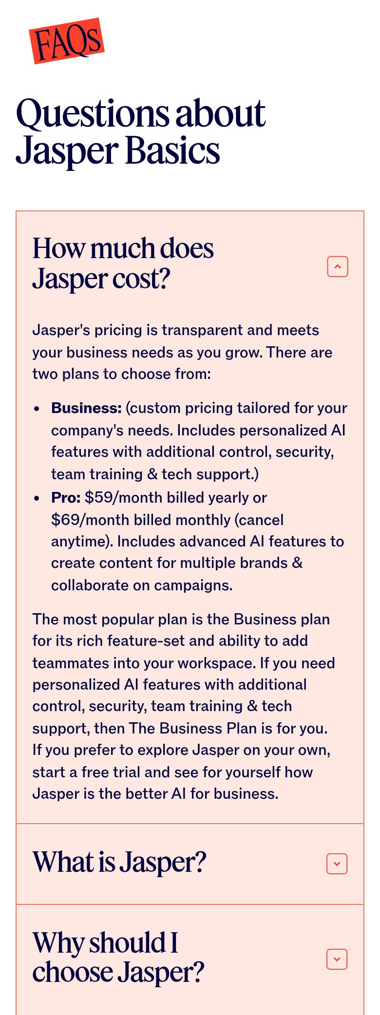 Questions About Jasper Basics section from Jasper, on a phone