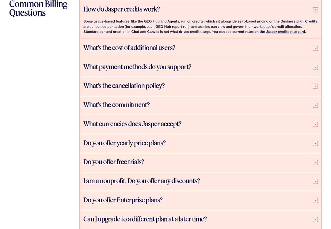 Common Billing Questions section from Jasper