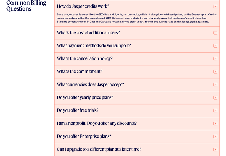 Common Billing Questions section from Jasper