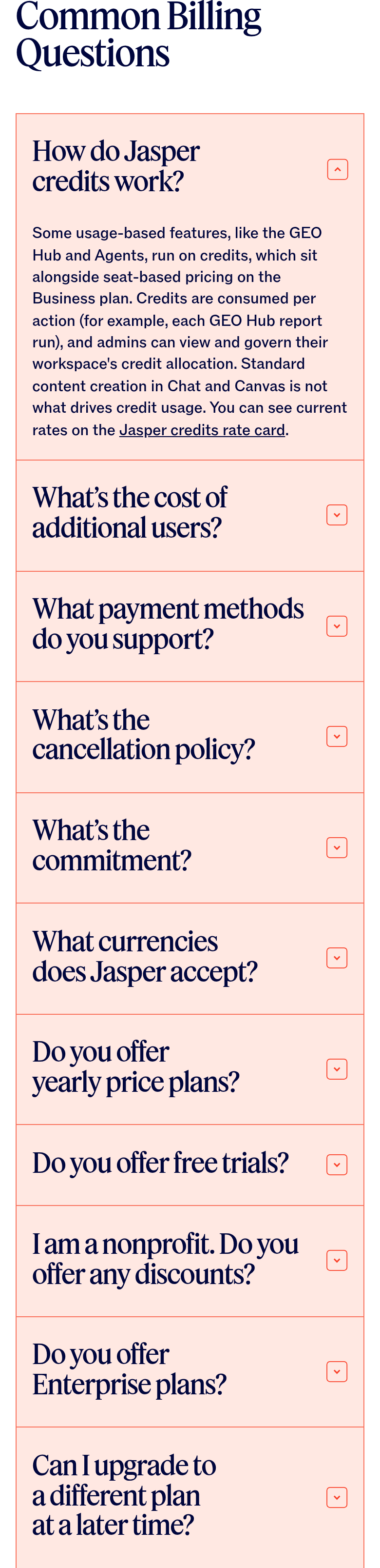 Common Billing Questions section from Jasper, on a phone