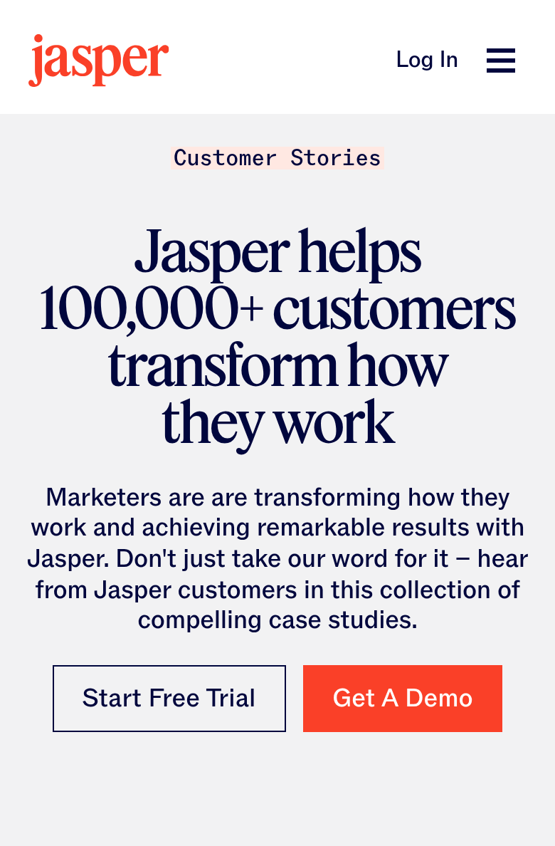 Jasper Helps 100,000+ Customers section from Jasper, on a phone