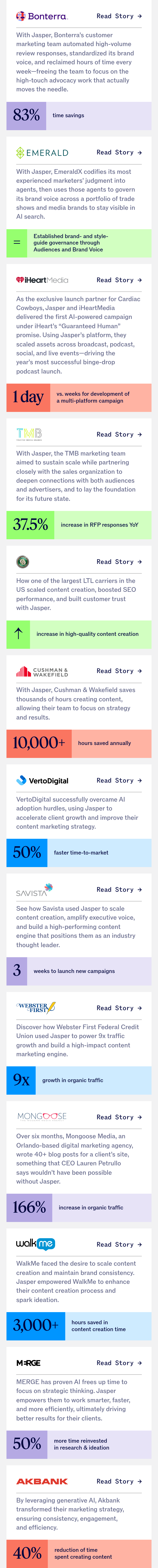 Customer Stories and Results section from Jasper, on a phone