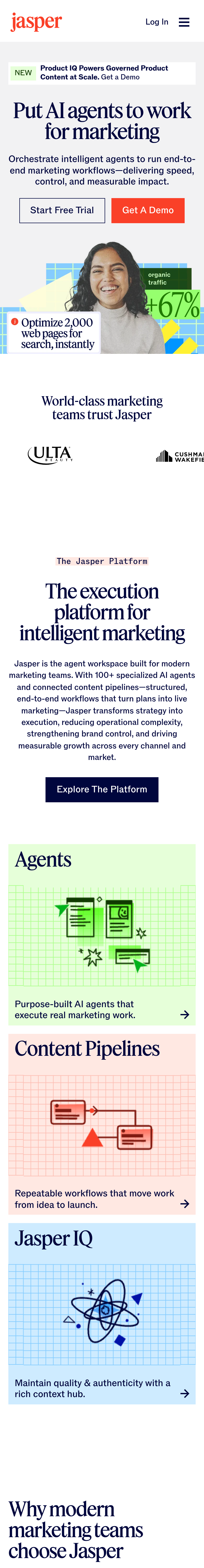 Home page of the Jasper website, on a phone