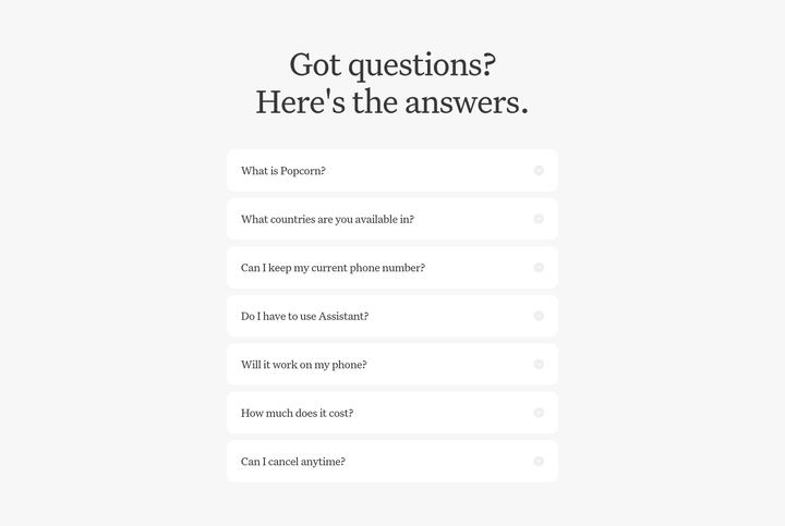 FAQs section from Popcorn
