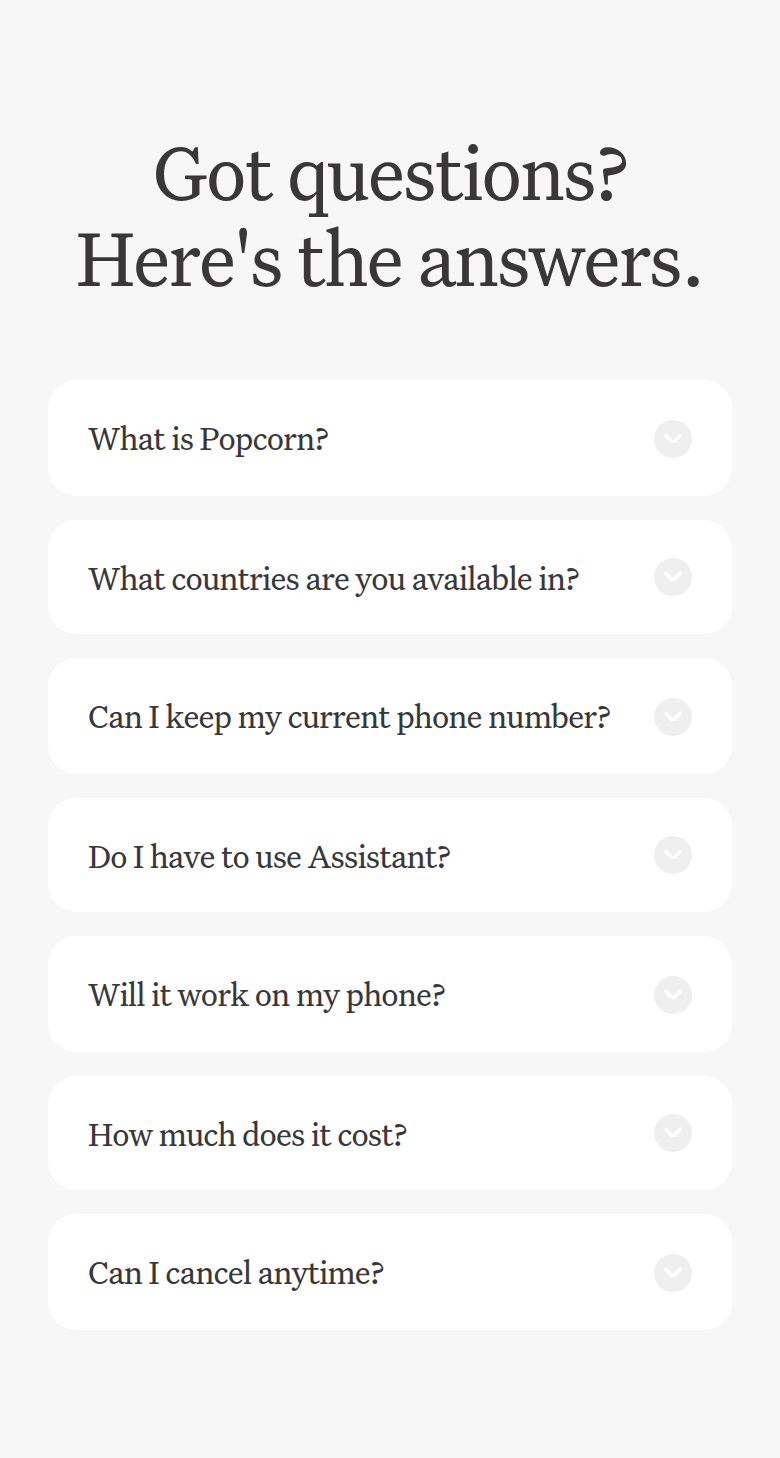 FAQs section from Popcorn, on a phone