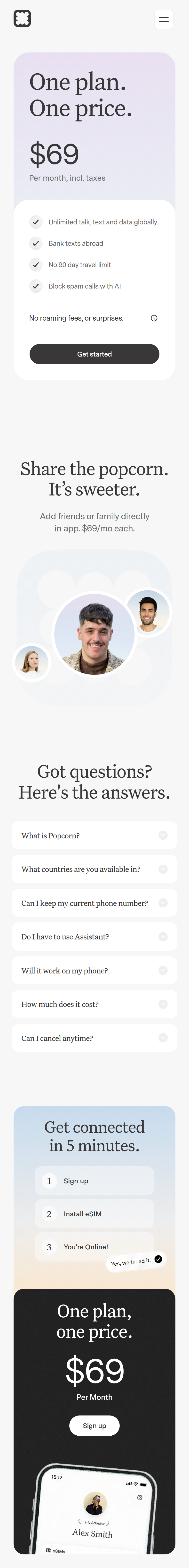 Pricing page of Popcorn, on a phone