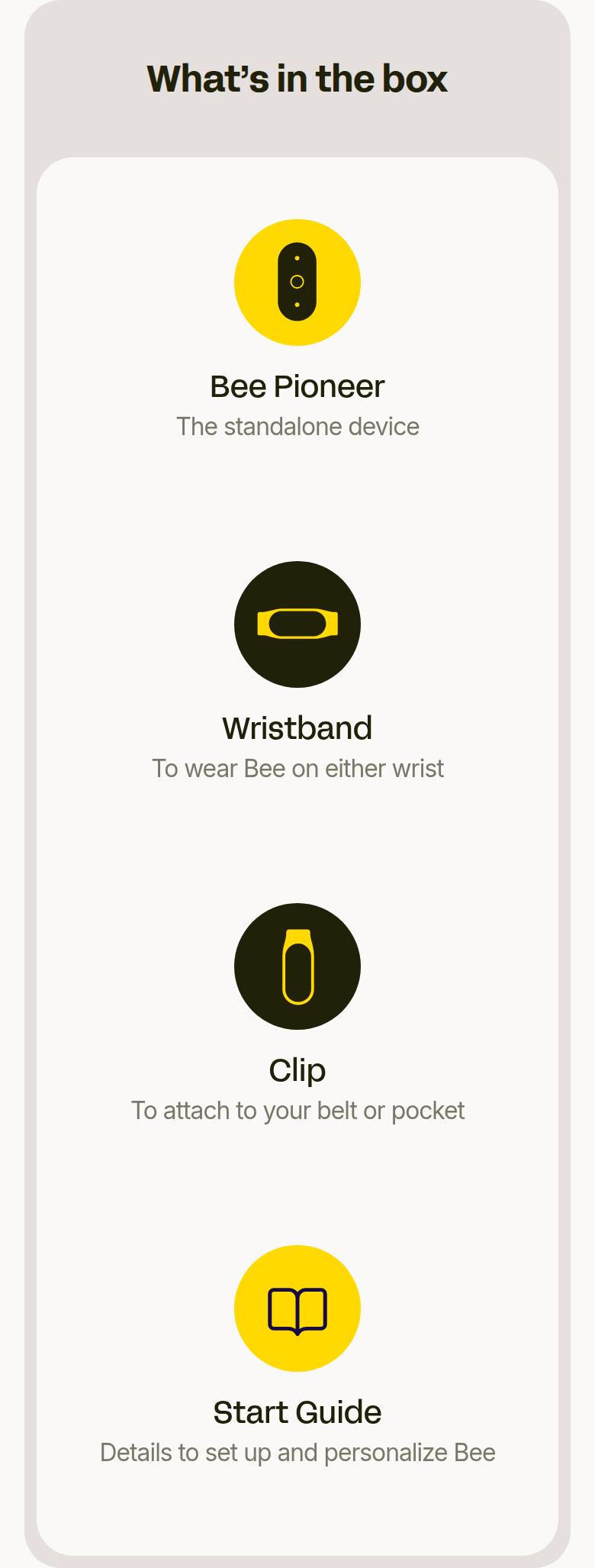 What's in the Box section from Bee, on a phone