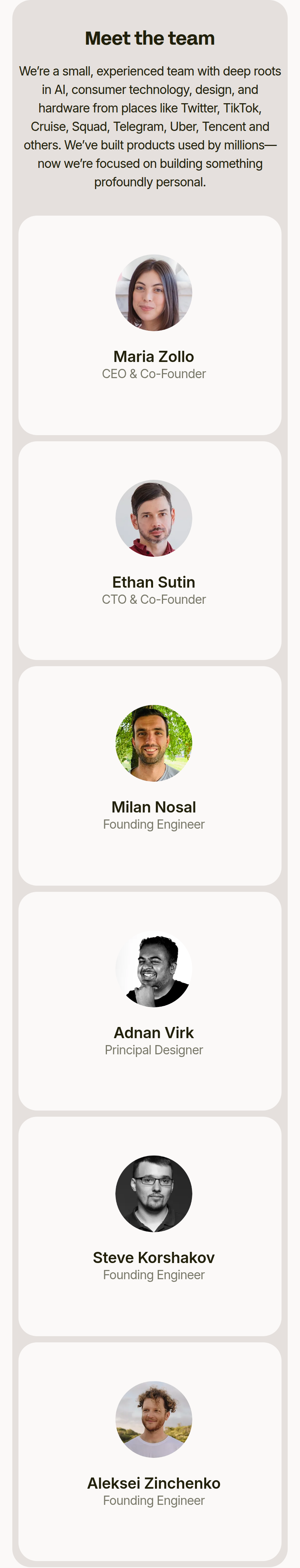 Meet the Team section from Bee, on a phone