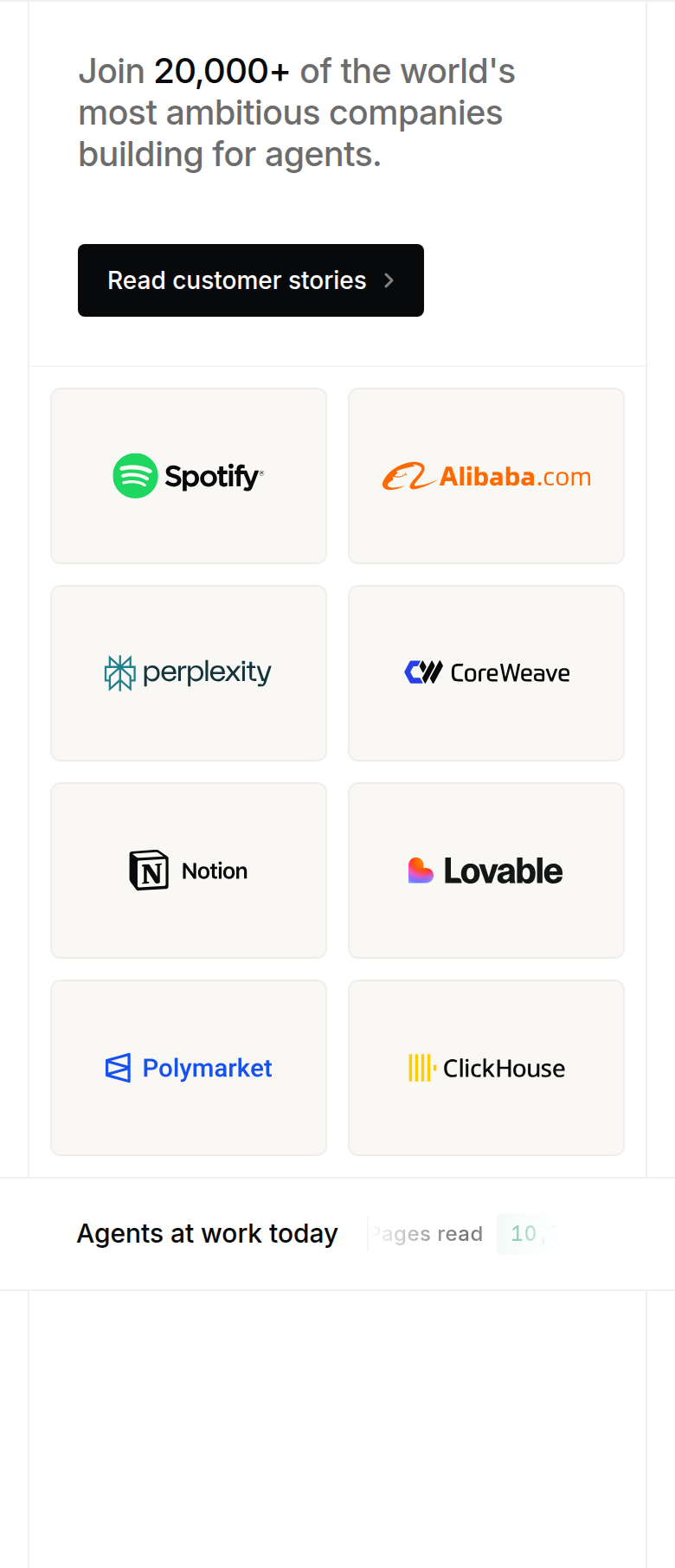 Join 20,000+ Companies section from Mintlify, on a phone