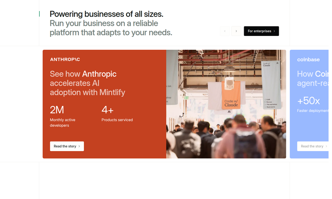 Powering Businesses of All Sizes section from Mintlify