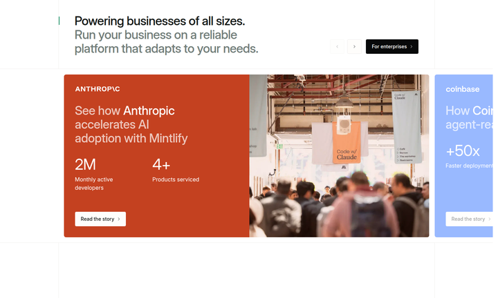 Powering Businesses of All Sizes section from Mintlify