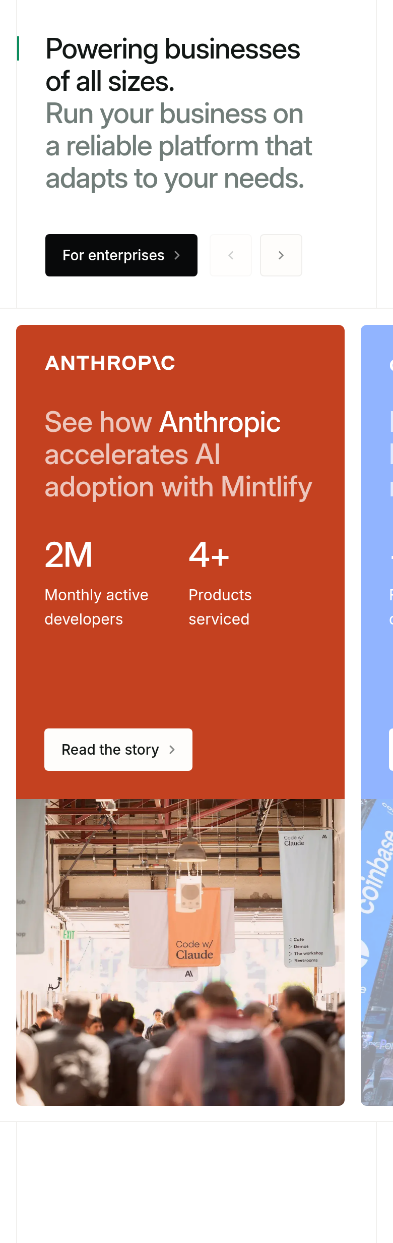 Powering Businesses of All Sizes section from Mintlify, on a phone
