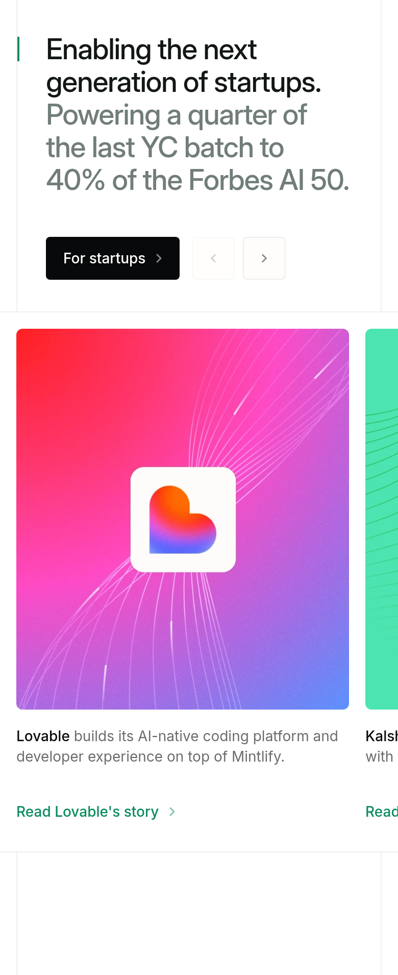 Enabling the Next Generation of Startups section from Mintlify, on a phone