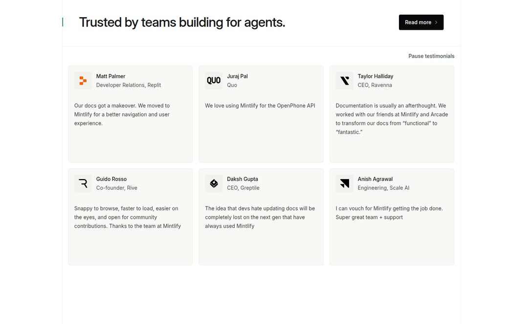 Trusted by Teams Building for Agents section from Mintlify