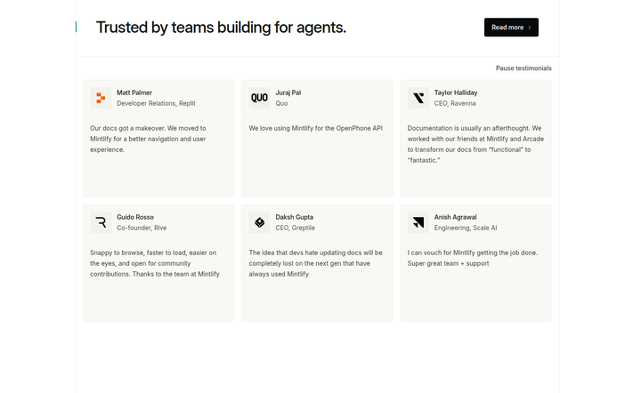 Trusted by Teams Building for Agents section from Mintlify