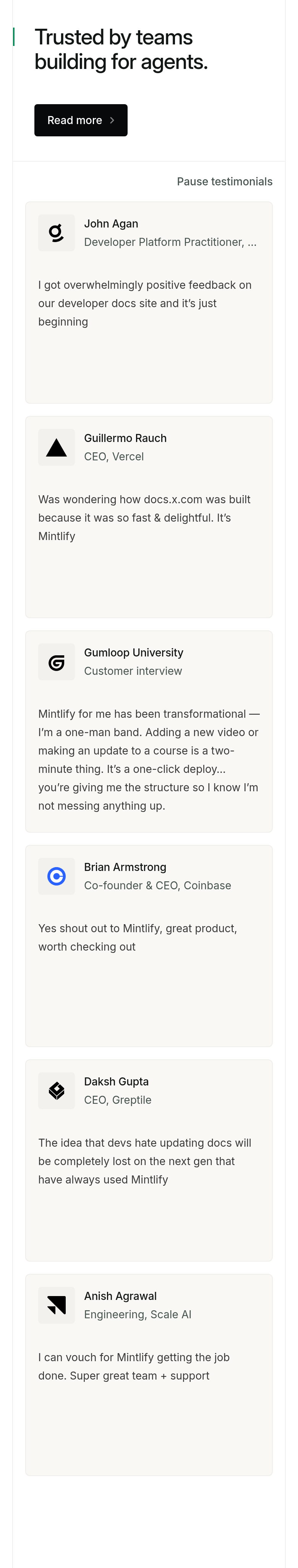 Trusted by Teams Building for Agents section from Mintlify, on a phone