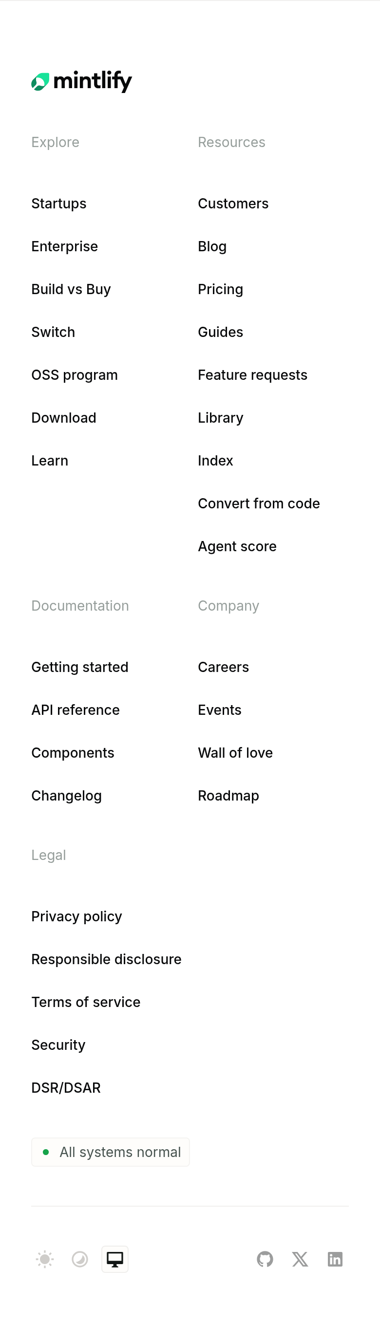 Footer section from Mintlify, on a phone
