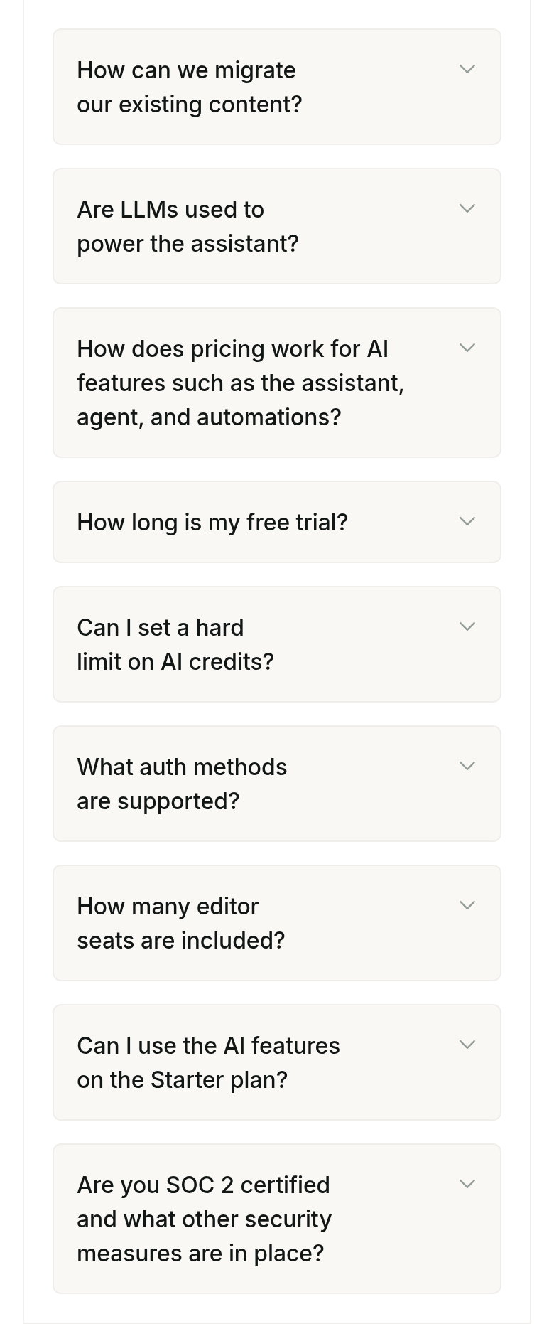 Pricing FAQ section from Mintlify, on a phone