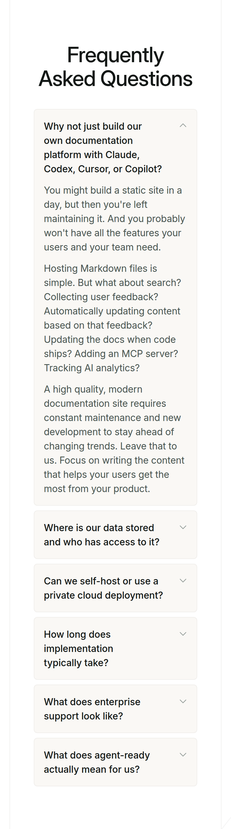 Frequently Asked Questions section from Mintlify, on a phone