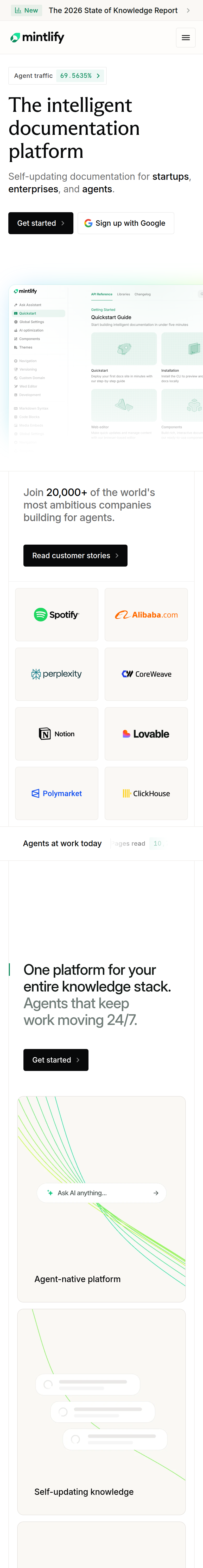 Home page of the Mintlify website, on a phone