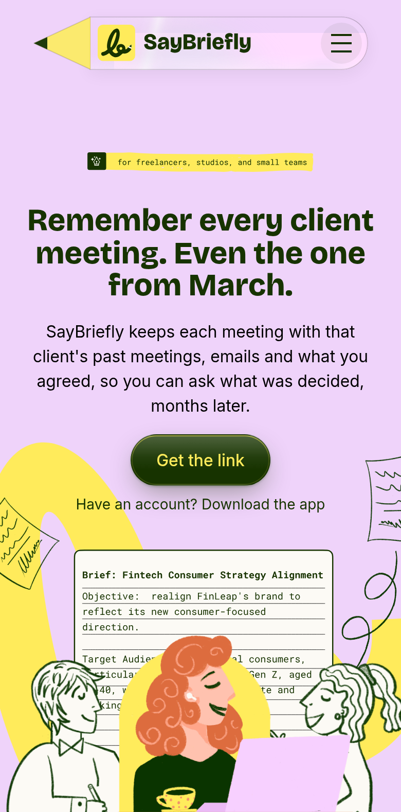 Get Paid for Every Extra Your Client Asks For section from SayBriefly, on a phone