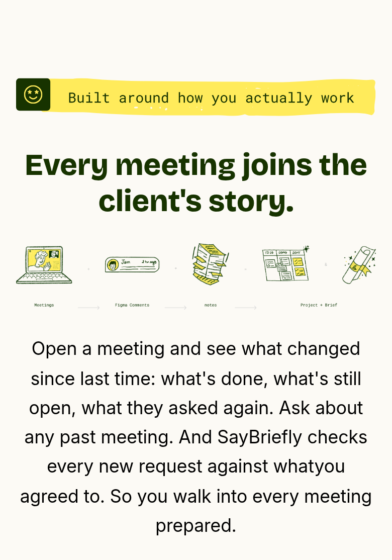 Every Call and Email Becomes a Clear Note section from SayBriefly, on a phone
