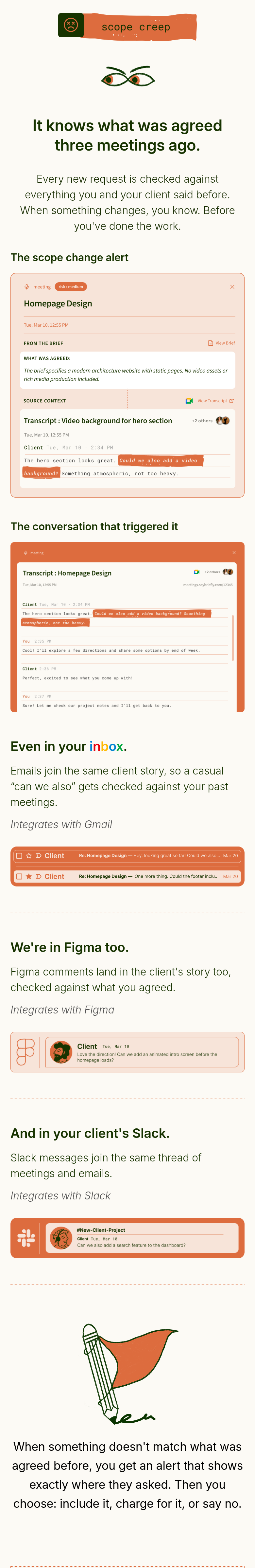 No More Extra Work You Never Got Paid For section from SayBriefly, on a phone