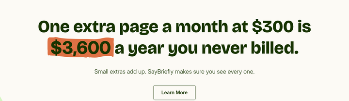 One Extra Page a Month at $300 section from SayBriefly