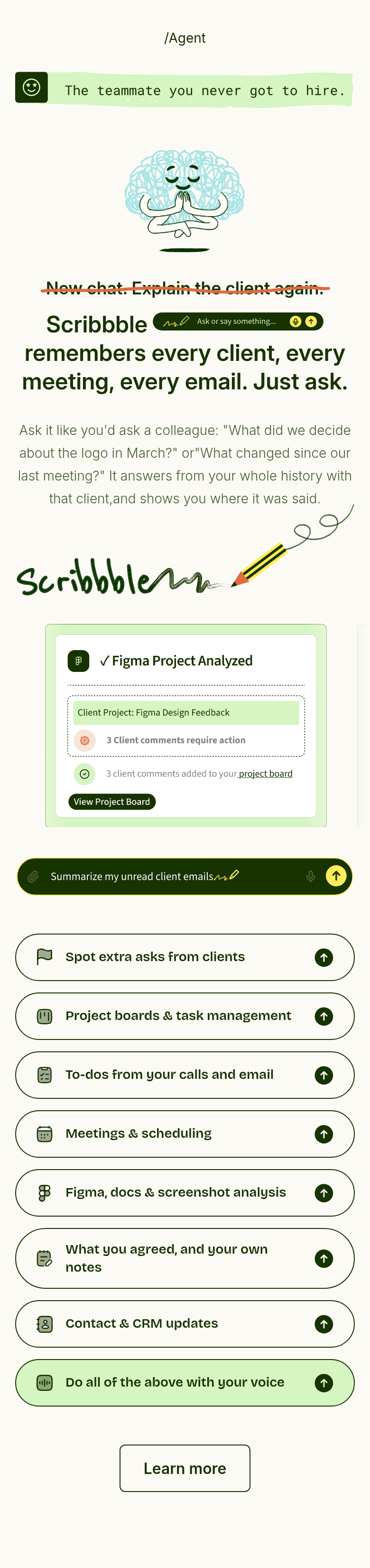 Scribbble Remembers Every Client section from SayBriefly, on a phone