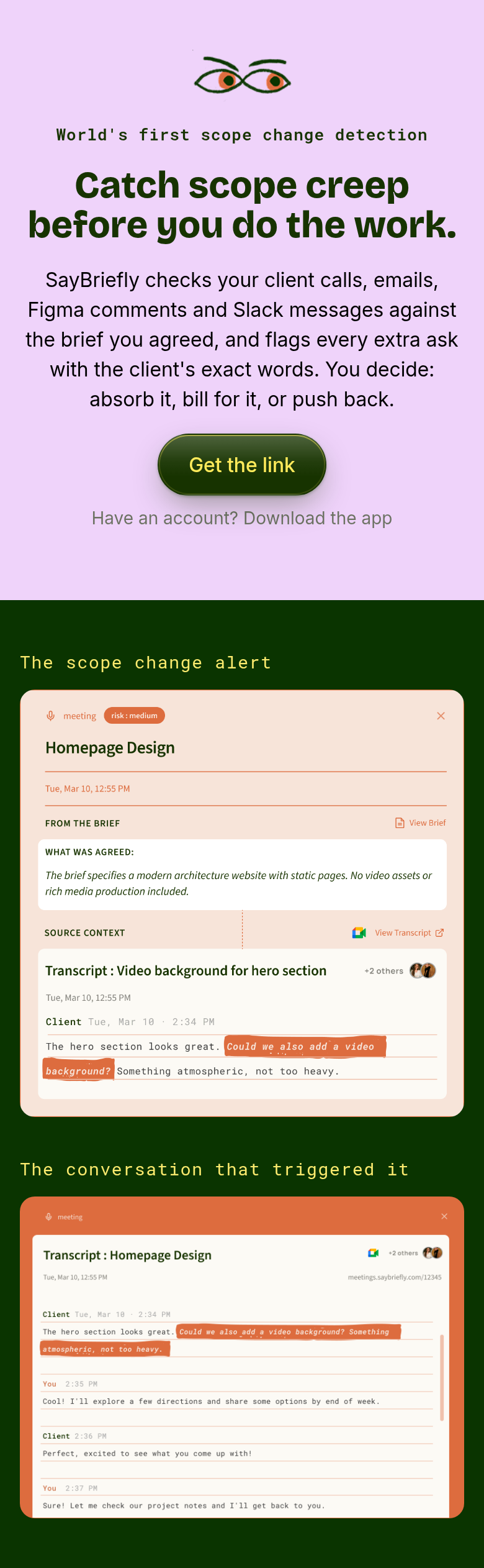 Catch Scope Creep Before You Do the Work section from SayBriefly, on a phone