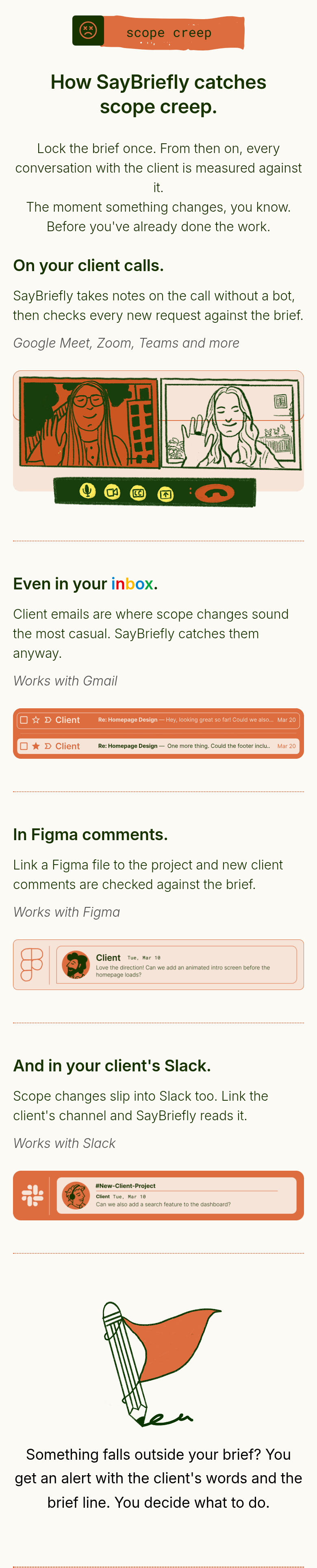 How SayBriefly Catches Scope Creep section from SayBriefly, on a phone