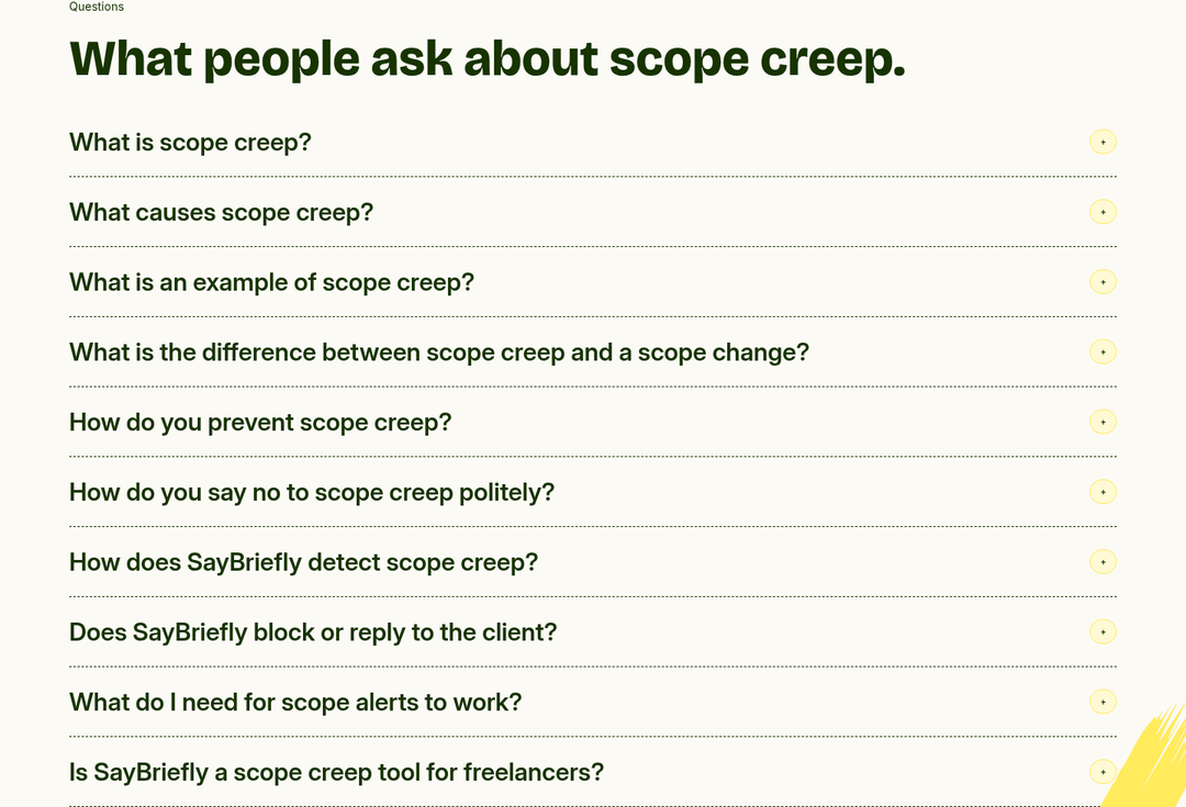 What People Ask About Scope Creep section from SayBriefly